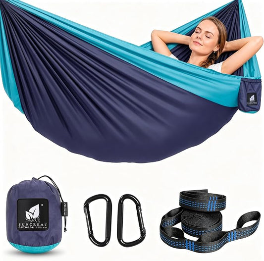 SUNCREAT Camping Hammock, Portable Hammocks with Tree Straps & Carrying Bag, Camping Essentials Gear, Dark Blue