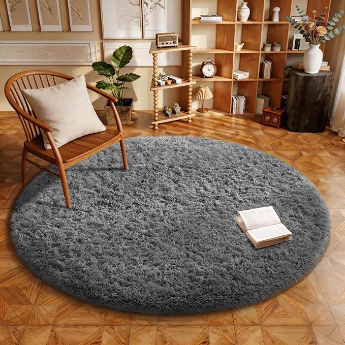 Ophanie Round Rug 5Ft Grey Circle Area Rugs,Fluffy Fuzzy Bedroom Carpet 5 Foot,Plush Shag Indoor Floor Gray Living Room Circular Decor for Kids Teen Boys Baby,Classroom with Over 99 pcs Pile fibers