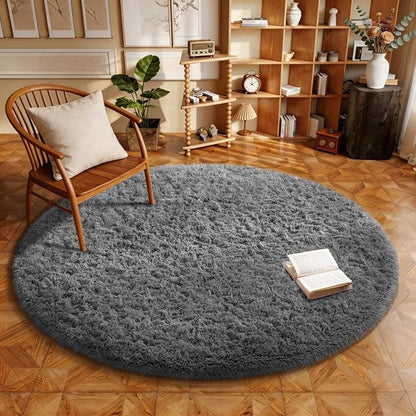 Ophanie Round Rug 5Ft Grey Circle Area Rugs,Fluffy Fuzzy Bedroom Carpet 5 Foot,Plush Shag Indoor Floor Gray Living Room Circular Decor for Kids Teen Boys Baby,Classroom with Over 99 pcs Pile fibers