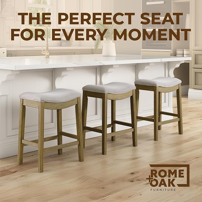 ROME + OAK Set of 3 Parker 26 Inch Counter Stool, Backless Saddle Kitchen Barstool in Natural Finish with Cream Fabric Upholstery Cushion Seat