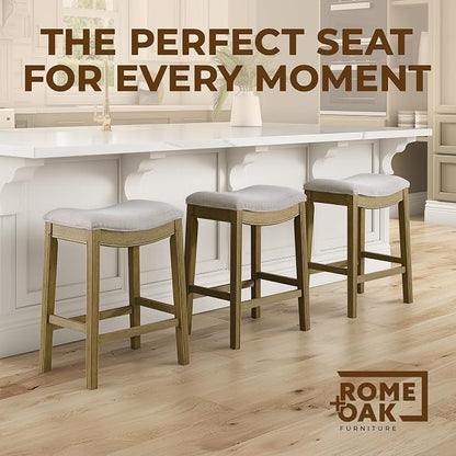 ROME + OAK Set of 3 Parker 26 Inch Counter Stool, Backless Saddle Kitchen Barstool in Natural Finish with Cream Fabric Upholstery Cushion Seat