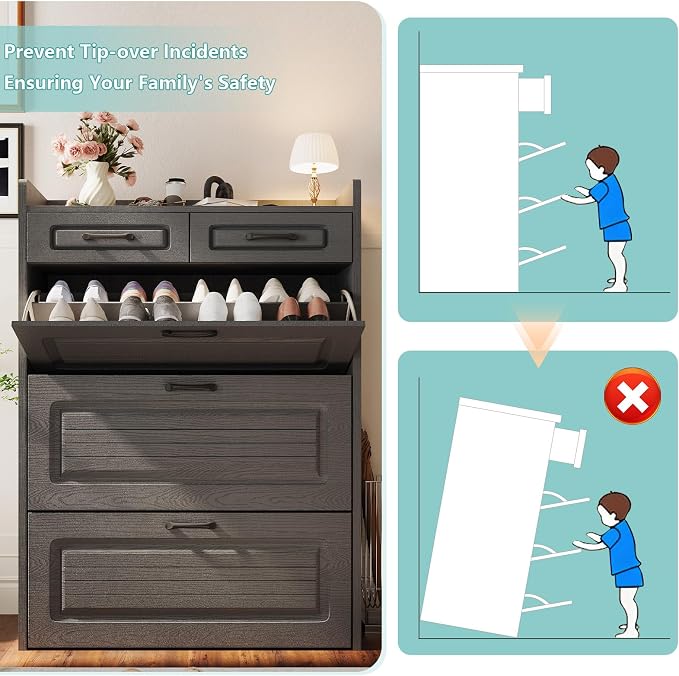 Shoe Cabinet Storage for Entryway with 3 Large Flip Drawers & 2 Storage Drawers, Narrow Shoe Organizer Cabinet Fits for Kinds of Shoes, Slim Shoe Storage Cabinet for Entryway, Hallway, Dark Grey