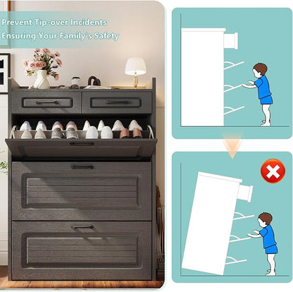 Shoe Cabinet Storage for Entryway with 3 Large Flip Drawers & 2 Storage Drawers, Narrow Shoe Organizer Cabinet Fits for Kinds of Shoes, Slim Shoe Storage Cabinet for Entryway, Hallway, Dark Grey