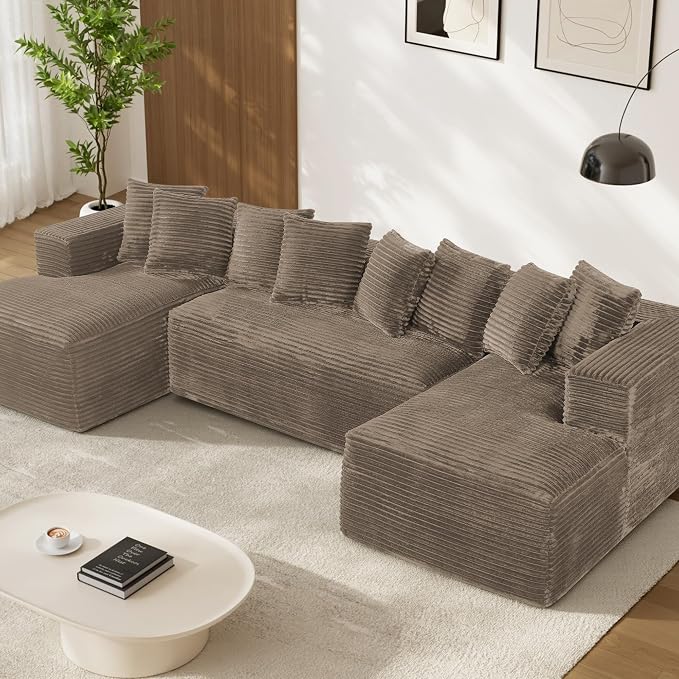 131" Oversized U Shaped Cloud Sectional Couches for Living Room, Comfy Fluffy Corduroy Brown Boneless Sectionals Couch, Plush Memory Foam Modular Sectional Sofa with Chaise- 19" Seat Height