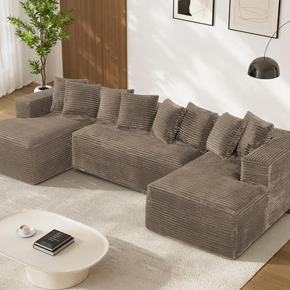 131" Oversized U Shaped Cloud Sectional Couches for Living Room, Comfy Fluffy Corduroy Brown Boneless Sectionals Couch, Plush Memory Foam Modular Sectional Sofa with Chaise- 19" Seat Height