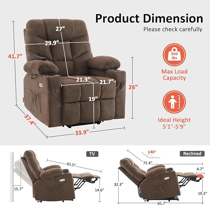 MCombo Power Lift Recliner Chair with Extended Footrest for Elderly People, Fabric 7287 (Brown, Medium)