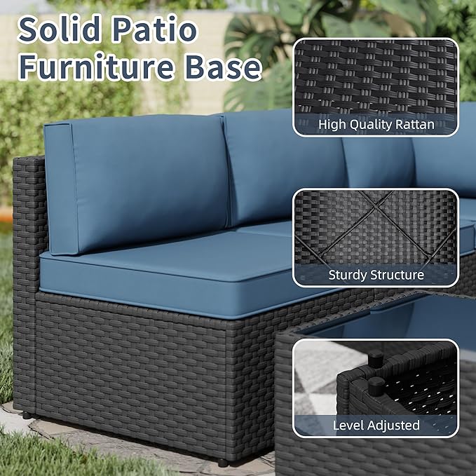 SUNLEI 5 Piece Patio Furniture Sets, Low Back All-Weather Rattan Sectional Sofa with Tea Table&Washable Couch Cushions, Patio Furniture Sets, Black Rattan (Aegean Blue)