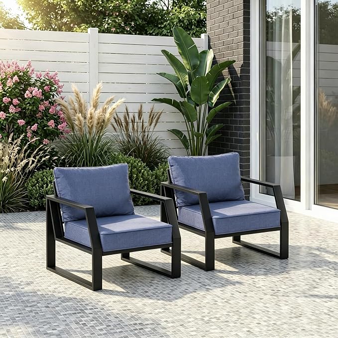 Oversized Modern Outdoor Patio Chair Set of 2 with 5" Thick Cushions, Deep Seat & Wide Armrests, Aluminum All-Weather Rustproof UV-Resistant Frame for Garden, Backyard, Porch