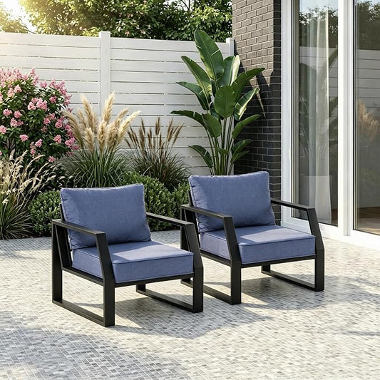Oversized Modern Outdoor Patio Chair Set of 2 with 5" Thick Cushions, Deep Seat & Wide Armrests, Aluminum All-Weather Rustproof UV-Resistant Frame for Garden, Backyard, Porch