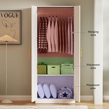 Double Door White Armoire with Hanging Rod – 71" H x 31" W x 19" D, Modern Freestanding Wardrobe Closet for Bedroom, Sturdy Metal Handles