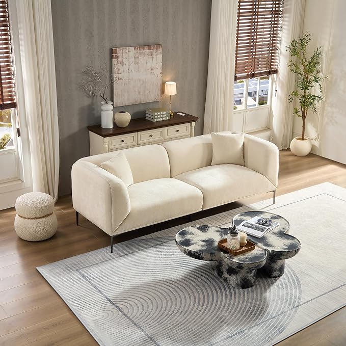 82.68" Modern Luxury Fabric Sofa Couch with Metal Legs, Upholstered 3-Seater Sofa for Living Room, Easy Assembly Contemporary Linen Couch, Stylish Comfort Seating for Apartment & Home(White)