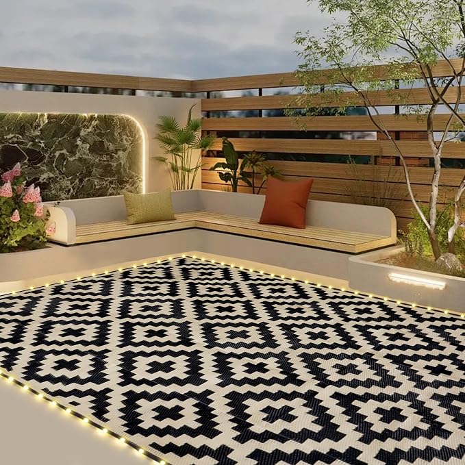 SAND MINE Reversible Mats with Led Strip Lights, Plastic Straw Rug, Modern Area Rug, Large Floor Mat for Outdoors, Patio, Backyard, Deck, Picnic, Camping, Black & Beige, 5' x 8'