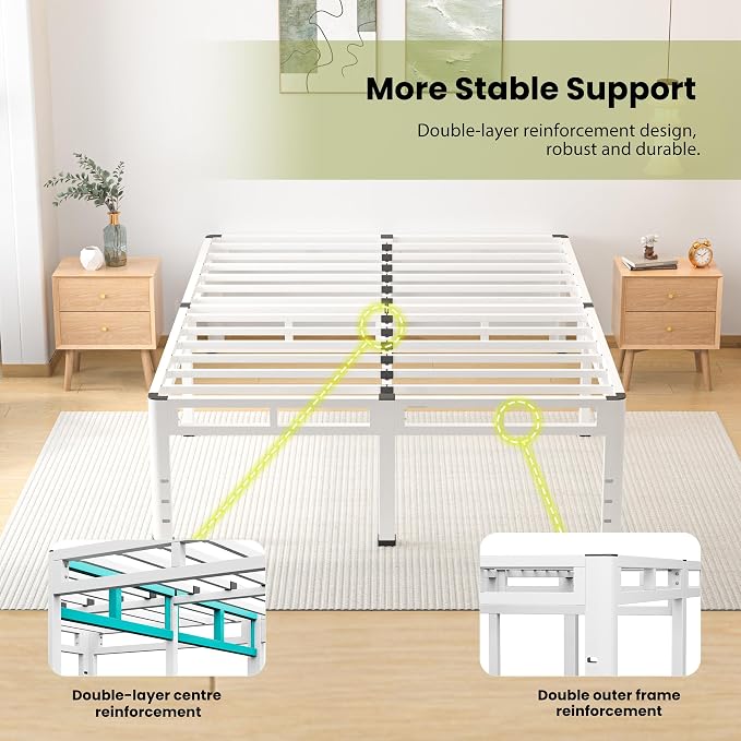 NKZ Queen Size Bed Frame 14 Inch, Metal Bed Frame & Box Spring 2 in 1 Platform with Round Corner Legs, 4000lbs Weight Capacity Reinforced Metal Frame, Headboard Hole, Noise-Free, Easy Assembly