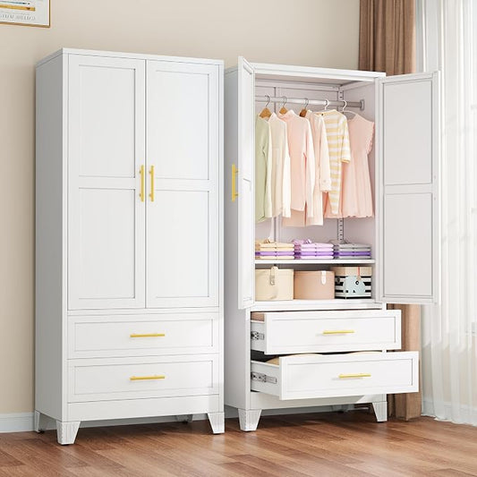 winiowa Metal Armoire Wardrobe Closet with 2 Drawers, 71" Wardrobe Cabinet with Adjustable Shelves and Hanging Rod, Clothing Storage Cabinet Closet for Bedroom-White