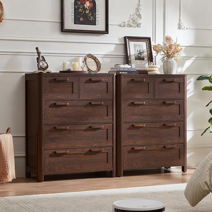 Joaxswe Farmhouse 5 Drawer Dresser for Bedroom, Vertical Dressers Chest of Drawers with 5 Deep Drawers & 4 Thickened Table Legs & Rounded Corners, Walnut