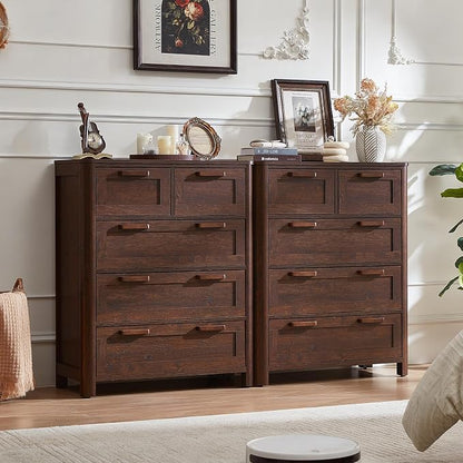 Joaxswe Farmhouse 5 Drawer Dresser for Bedroom, Vertical Dressers Chest of Drawers with 5 Deep Drawers & 4 Thickened Table Legs & Rounded Corners, Walnut