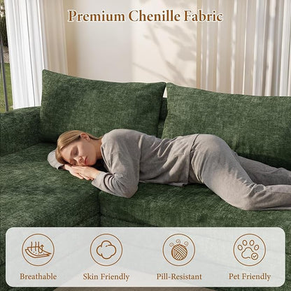 Vesgantti 6 in 1 Convertible Folding Sleeper Sofa Bed, 110.2" Modular Sectional Sofa with Curved Armrest, Chenille Boneless Couch for Living Room, No Assembly Required, Green, Left Facing Chaise