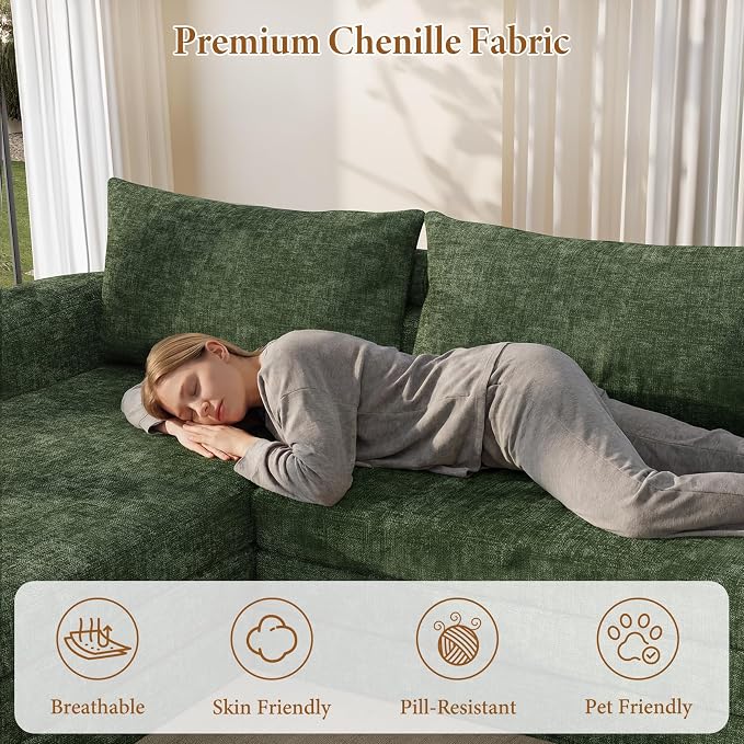 Vesgantti 110.2" Modular Sectional Sofa with Curved Armrest, 6 in 1 Convertible Folding Sleeper Sofa Bed, Chenille Boneless Couch for Living Room, No Assembly Required, Green, Left Facing Chaise