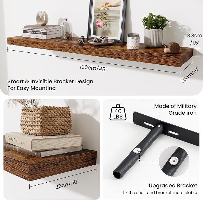 48 Inch Floating Shelves for Wall - 10 Inch Deep Fireplace Mantel Shelf - Wood Floating Shelves for Wall - Large Storage Shelves Wall Mount for Living Room & Bedroom - Rustic Brown - Set of 1