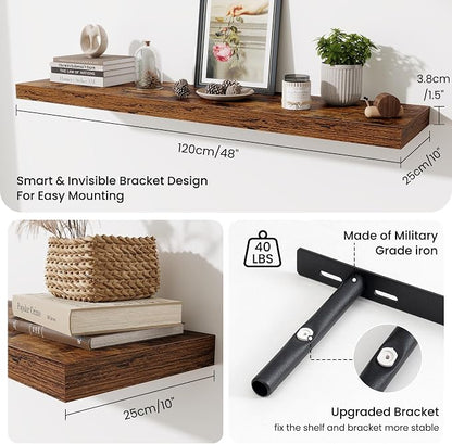 48 Inch Floating Shelves for Wall - 10 Inch Deep Fireplace Mantel Shelf - Wood Floating Shelves for Wall - Large Storage Shelves Wall Mount for Living Room & Bedroom - Rustic Brown - Set of 1