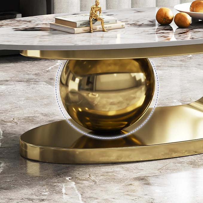 49.2" Modern Oval Marble Coffee Table – Gold Stainless Steel Base, Scratch-Resistant, Easy Assembly