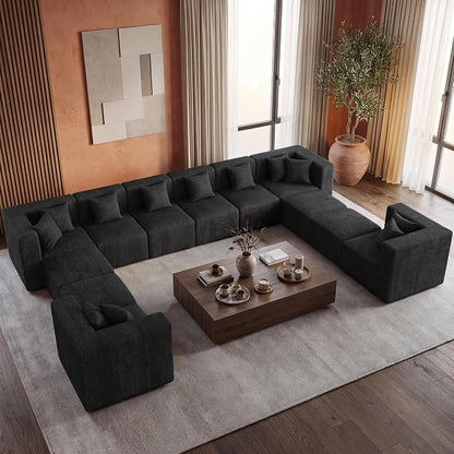 MONVANE Modular Sectional Sofa, Oversized 12 Seat Convertible U Shaped Couch with Ottoman, Comfy Chenille Cloud Couch with Deep Seat, Sectional Couches for Living Room, No Assembly Required, Black