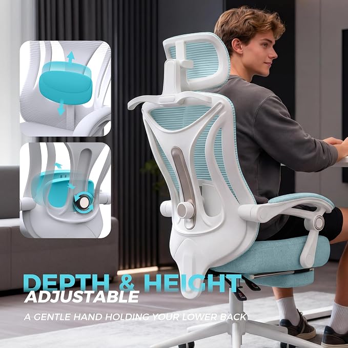 CYKOV Ergonomic Office Chair with Footrest - Adjustable Lumbar Support & Headrest, 90-135° Reclining Mesh Back Computer Chair - Home Office/Gaming, 350lbs Capacity