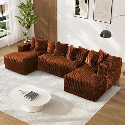 131" Oversized U Shaped Cloud Sectional Couches for Living Room, Comfy Fluffy Corduroy Orange Boneless Sectionals Couch, Plush Memory Foam Modular Sectional Sofa with Chaise- 19" Seat Height