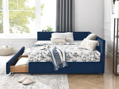 KEIKI Full Size L Shape Corner Bed Frames with 2 Storage Drawer, Backrest and Armrests, Velvet Upholstered Sofa Daybed for Small Room, Living Room, Bedroom, Guest Room, Kids' Room