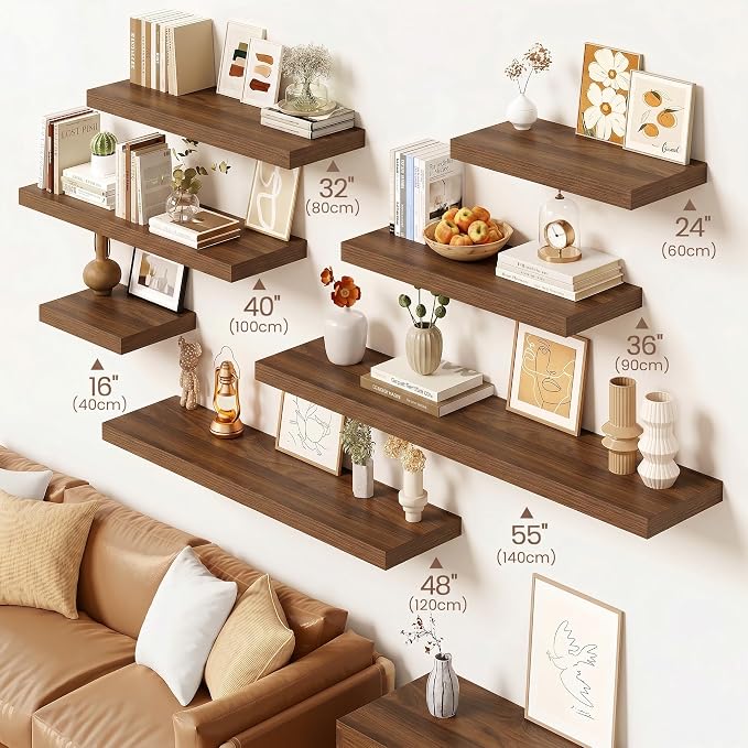 Vivelove Walnut Floating Shelves, 16 Inch Wall Display Shelves for Bathroom Living Room Kitchen Bedroom Office Farmhouse Home Decor, 16" X 9.3" X 1.5" - Set of 2, Walnut