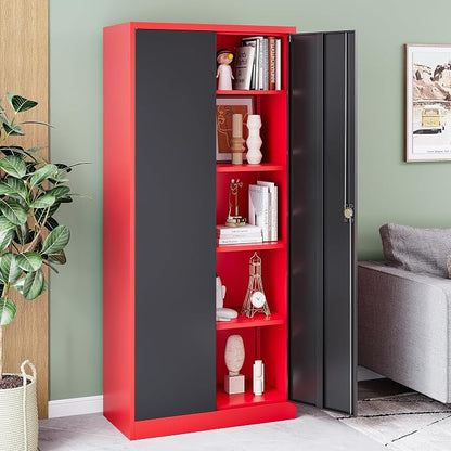 72 Inch Metal Cabinet,Lockable Storage Cabinet with 2 Doors and 4 Adjustbale Shelves,Tall Tool Cabinet Cabinet for Garage,Basement,Home Office,Gym(Red & Black)