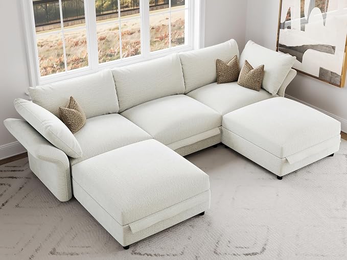DreamDashio 5-Seat V-Shaped Sectional Sofa, Oversized Extra Wide Deep Seat Detachable Modular Cloud Couch, Certified Chenille Fabric with Storage & Adjustable Arms, for Living Room, Beige