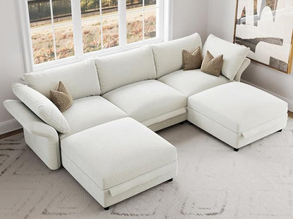 DreamDashio 5-Seat V-Shaped Sectional Sofa, Oversized Extra Wide Deep Seat Detachable Modular Cloud Couch, Certified Chenille Fabric with Storage & Adjustable Arms, for Living Room, Beige