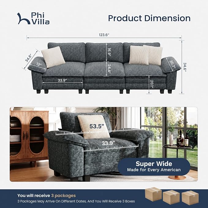PHI VILLA Modern Modular Couches Sets, 123.6" Cloud Sectional Sofa with Upholstered Deep Seat, 3-Seater Couch for Living Room Small Spaces, Chenille Fabric, Dark Cyan