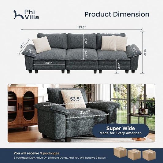 PHI VILLA Modern Modular Couches Sets, 123.6" Cloud Sectional Sofa with Upholstered Deep Seat, 3-Seater Couch for Living Room Small Spaces, Chenille Fabric, Dark Cyan