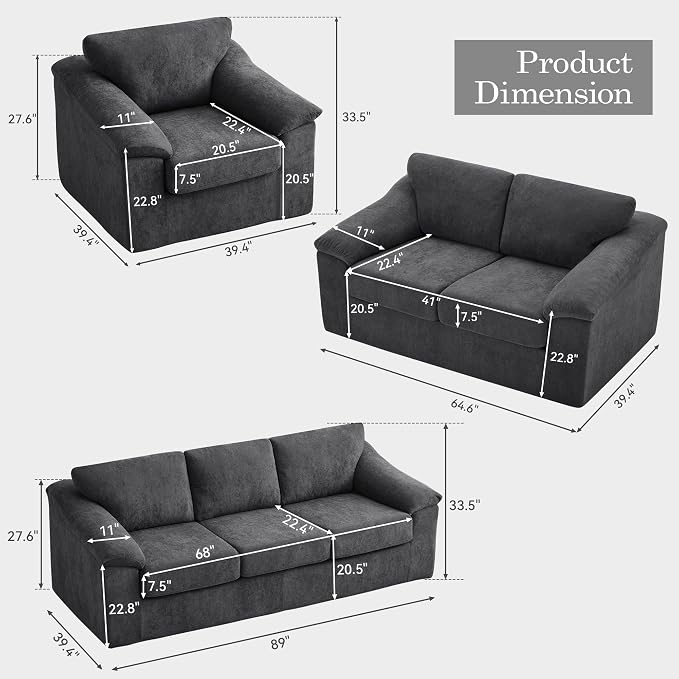 Oversized Boneless Couch Sets, Modern 3 Seater Sofa, Loveseat Sofa with Accent Chair, Floor Cloud Couch Sets with Extra Comfy Soft Deep Seats for Living Room, No Assemby, Set of 3, Dark Gray