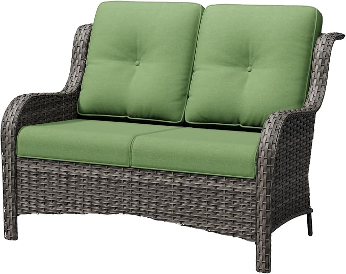 Wicker Patio Loveseat, 2 Seat Outdoor Couch with Thickened Olefin Cushions, High Back and Deep Seating, Hand-Woven PE Rattan for Porch, Deck, Balcony