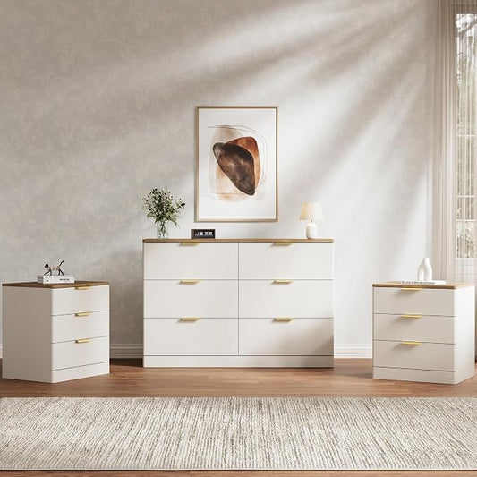 3 Pieces of Dresser and Nightstand Set,47.2" Width 6-Drawer Dresser & 3-Drawer Nightstands Set of 2 w/Gold Metal Handle, Modern Design for Bedroom,White & Brown