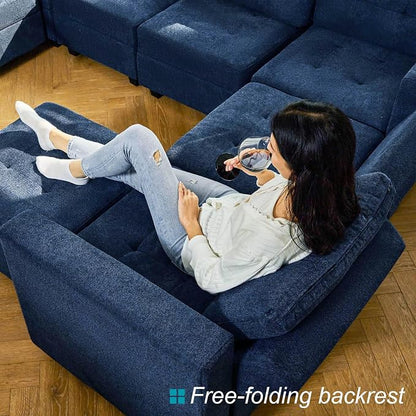 Belffin Modular U Shaped Sectional Sofa Couch with Reversible Chaises 6-seat Sectional Couch with Storage Seat Modular Sectional Set with Ottomans Blue