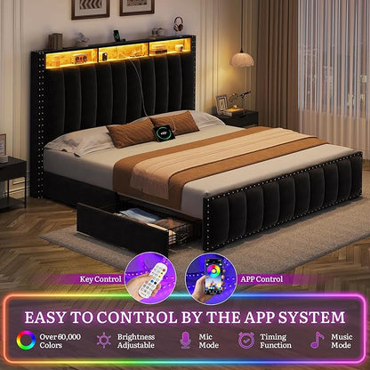 YITAHOME Queen Size Bed Frame with 4 Storage Drawers and RGB LED Lights, Velvet Upholstered Platform Bed with Charging Station and Storage Headboard, No Box Spring Needed, Easy Assembly, Black