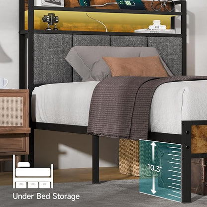 Twin Bed Frame with LED Light &Charging Station, Metal Platform Bed with 2-Tier Shelves & Under Bed Storage, Upholstered Headboard&Footboard,No Box Spring Needed,Noise Free,Easy Assembly,Vintage Brown