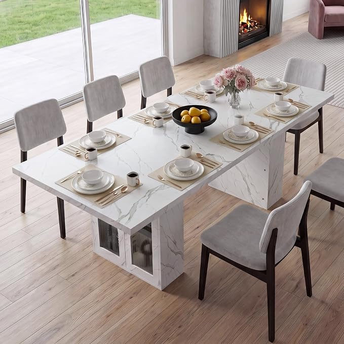51"-78" Extendable Dining Table for 4-8, White Faux Marble Kitchen Table | Modern Dining Room Table with Hidden Storage, Rectangle Dinner Tables for Dining Room Kitchen Living Room (White Marble)