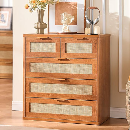 LEYAOYAO Rattan Dresser for Bedroom, 33.5" Tall Chest of Drawers, Modern 5 Drawers Boho Dressers with Storage, Vintage Brown Dresser Wooden Closet Organizer for Living Room, Hallway