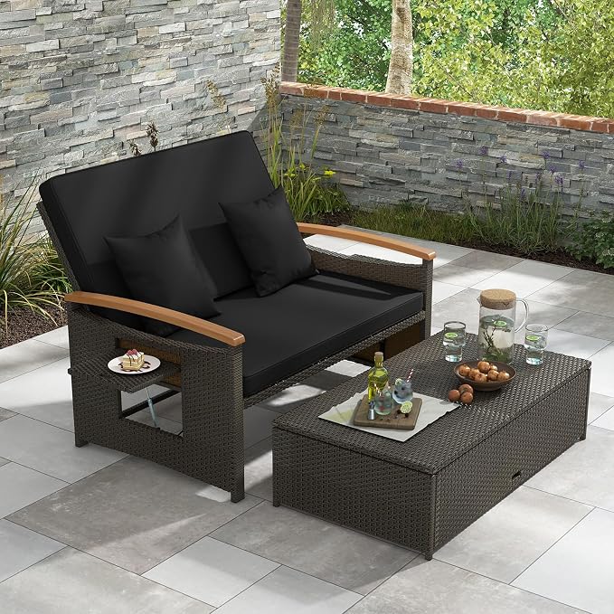 LDAILY Moccha Outdoor Wicker Daybed, Patio Rattan Loveseat Sofa w/ 4-Level Adjustable Backrest, Folding Panels, Storage Ottoman & Cushions, Lounge Furniture Set for Poolside Backyard Porch (Black)