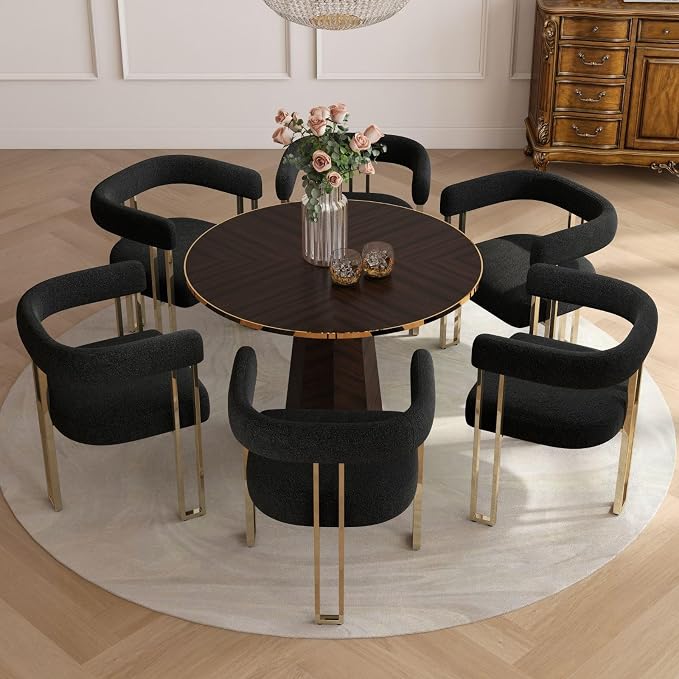 Hyfirm Set of 6 Modern Black Boucle Dining Chairs with Gold Metal Legs, Mid Century Accent Upholstered Barrel Armchairs with Open-Back for Kitchen, Dining Room, Living Room, Apartment
