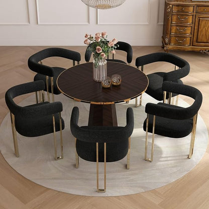 Hyfirm Set of 6 Modern Black Boucle Dining Chairs with Gold Metal Legs, Mid Century Accent Upholstered Barrel Armchairs with Open-Back for Kitchen, Dining Room, Living Room, Apartment