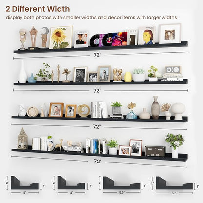 Axeman 72 Inch Floating Shelves | Black Picture Ledge Shelf Set of 4 | Rustic Wood Wall Shelves with Lip | 72" Black Picture Shelves for Wall with Ledge | Photo Shelves