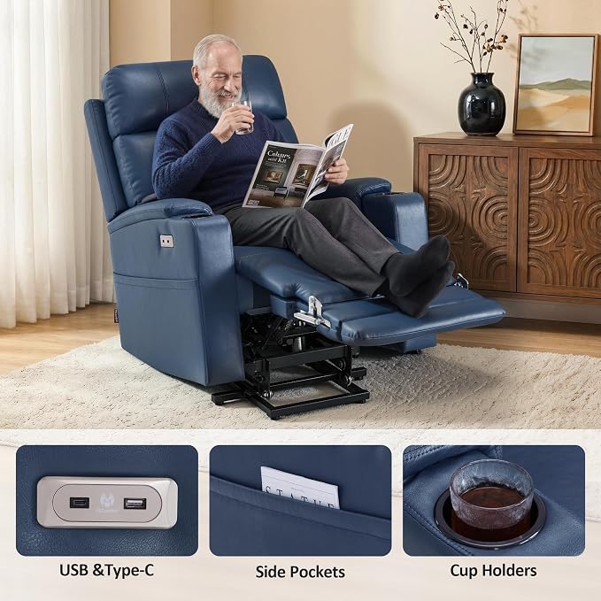 MCombo Lift Chair for Tall Man 6‘6’’, Dual Motor Power Lift Recliner Chair for Elderly, Lay Flat for Sleeping, Heat and Massage, USB & Type C, Faux Leather 7755 (Blue)