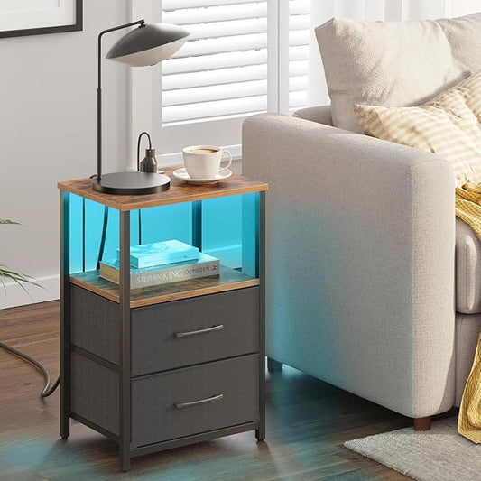 TUTOTAK LED End Table with Charging Station, Nightstand with Cloth Drawer, Side Table with 1 USB Port and 1 Type-C Port, Set of 2, Couch Table, Brown and Black TB01BB052KL