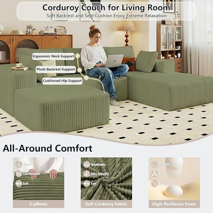 95" Cloud Sectional Couch U-Shaped Chaise with Ottoman, Corduroy Boneless Couch for Living Room Bedroom, Deep-Seat Upholstered Modular Cloud Sofa, No Assembly Required (Green, Right Facing Chaise)
